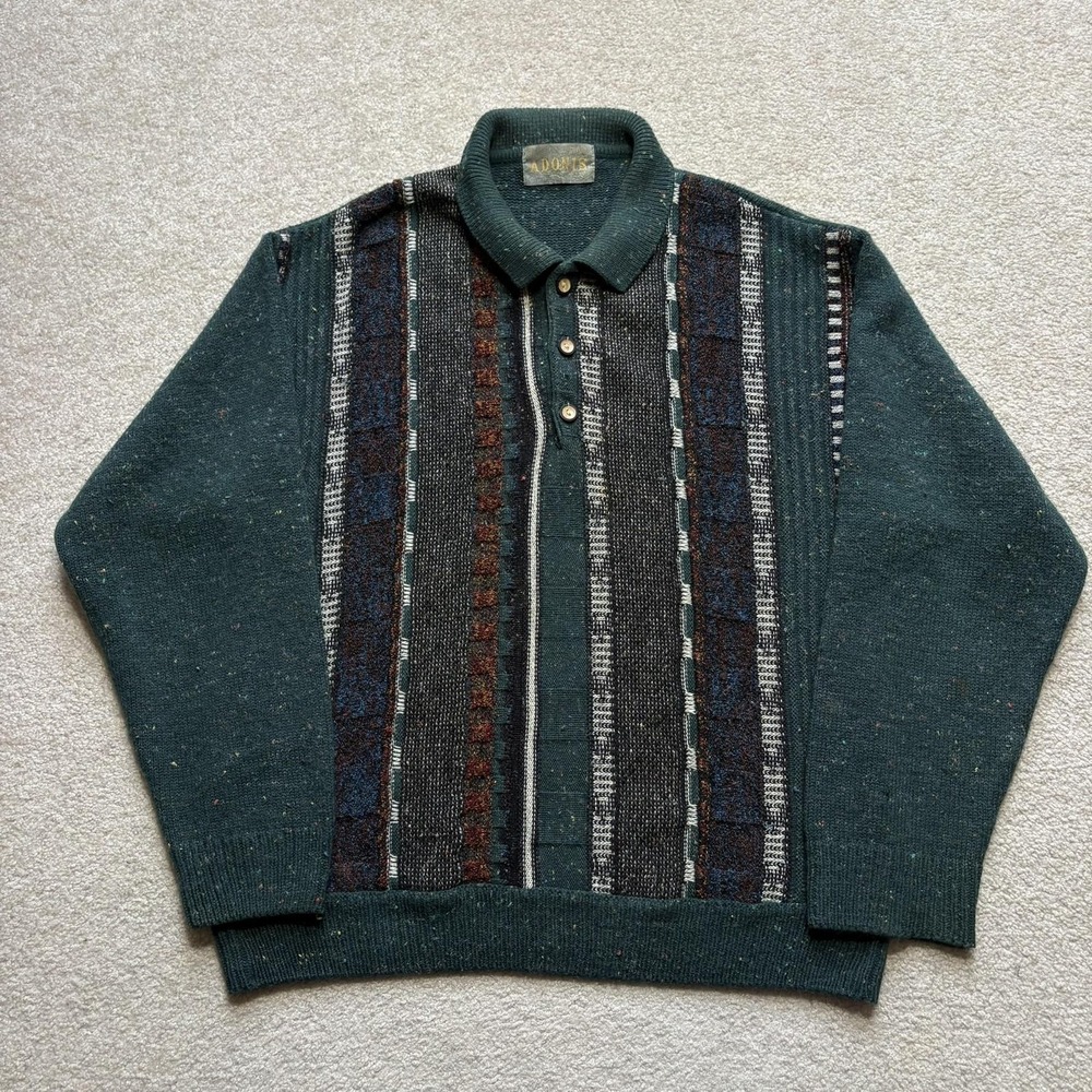 Vtg Adonis‎ Sweater Mens Large Green Collared 3D Knit Pullover Striped Grandpa